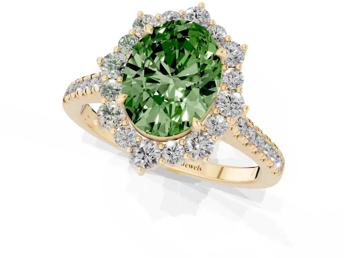Fancy Green Oval Cut Halo Diamond Ring with Pavé Band and Prong Setting Yellow gold