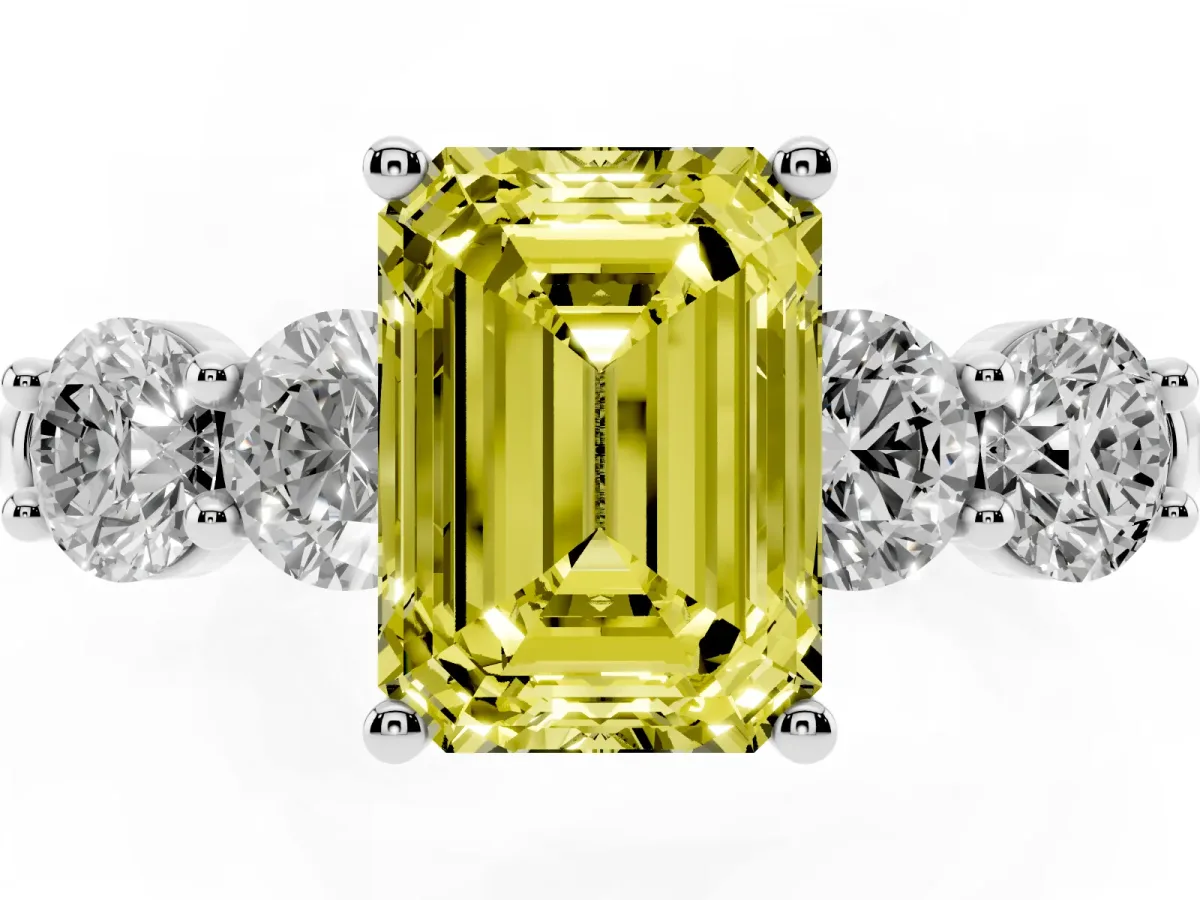 Fancy Yellow Emerald Cut Cut Five-Stone Prong Set Diamond Ring with Classic Band Platinum