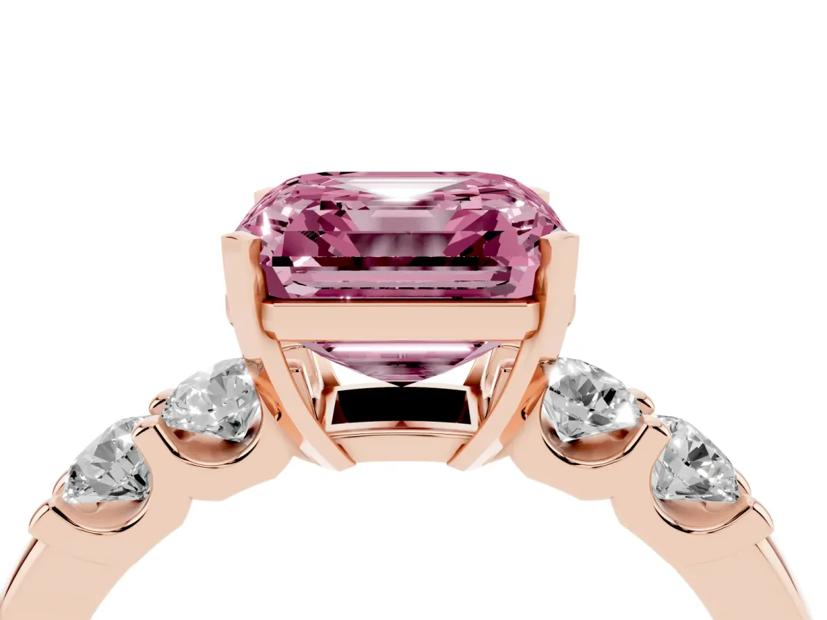 Fancy Pink Asscher Cut Brilliant Cut Diamond Five-Stone Prong Set Engagement Ring with Channel Band Rose gold