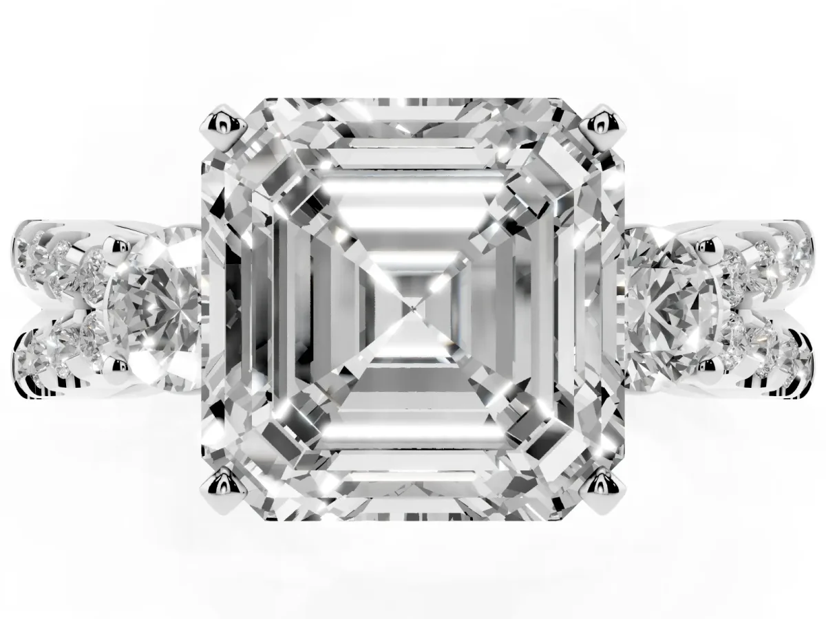 Asscher Cut Diamond Three-Stone Ring with Pavé Split Shank and Four-Prong Setting White gold
