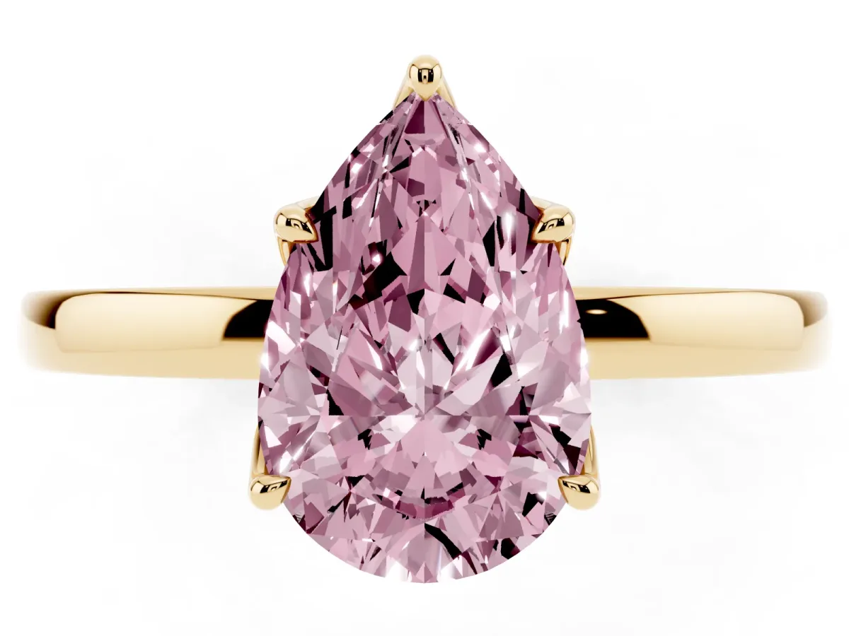Fancy Pink Pear Cut Diamond Solitaire Ring with Thin Band and Prong Setting Yellow gold