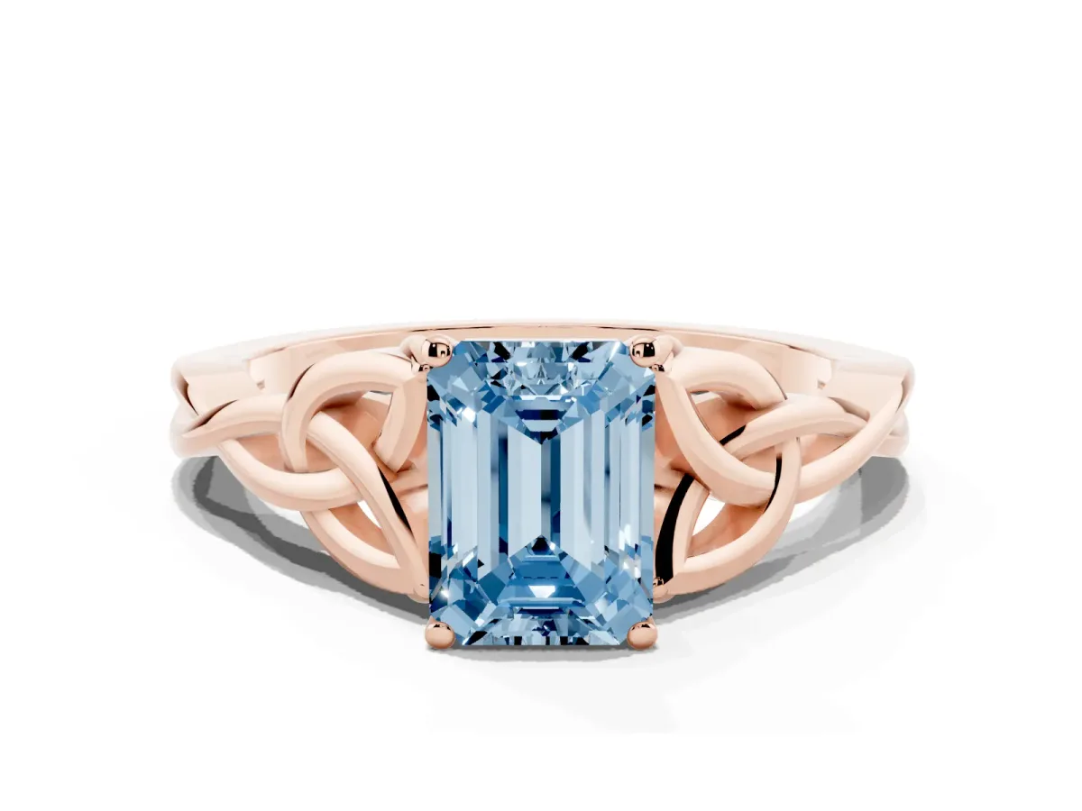 Fancy Blue Emerald Cut Diamond Solitaire Engagement Ring with Celtic Knot Band and Four-Prong Setting Rose gold
