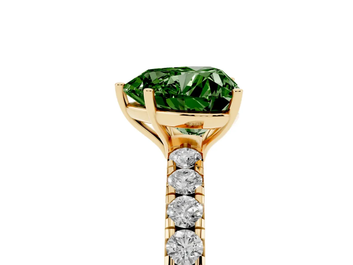 Fancy Green Heart Cut Diamond Pavé Solitaire Engagement Ring with Four-Prong Setting Yellow gold