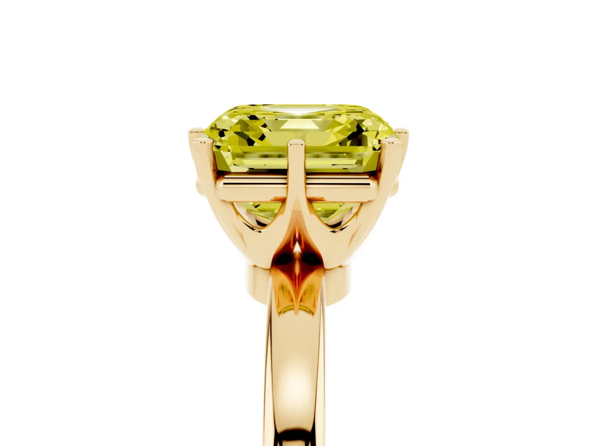 Fancy Yellow Asscher Cut Solitaire Diamond Ring with Six-Prong Setting on a Classic Band Yellow gold