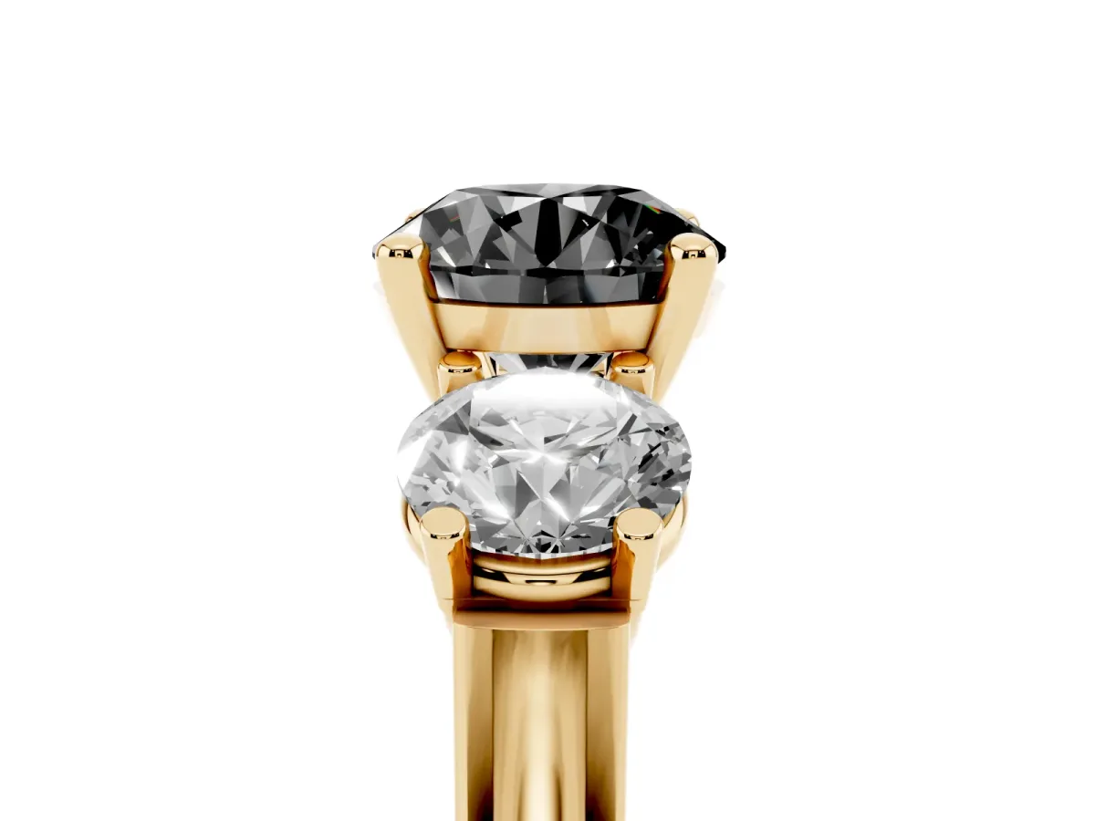 Fancy Black Three-Stone Round Cut Brilliant Diamond Trellis Ring with Comfort Fit Band Yellow gold