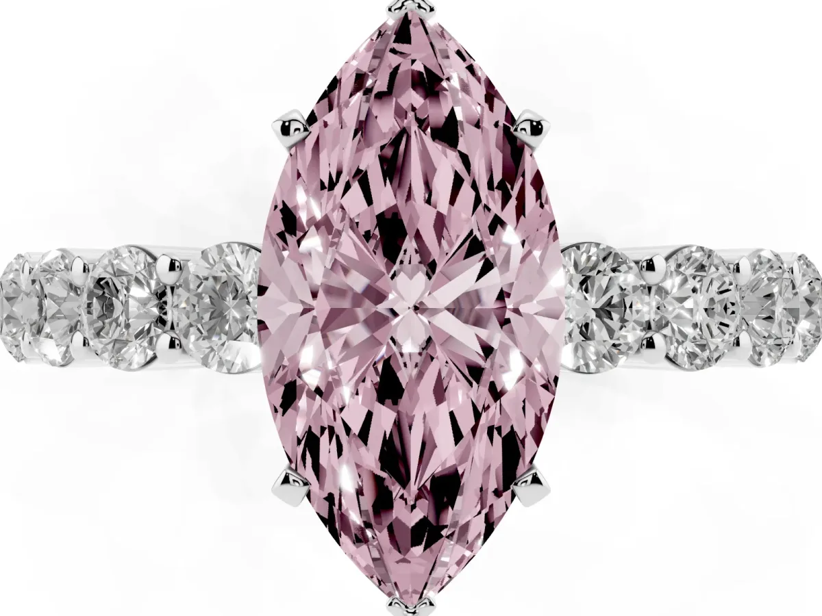 Fancy Pink Marquise Cut Diamond Solitaire Ring with Shared Prong Round Side Stones Platinum