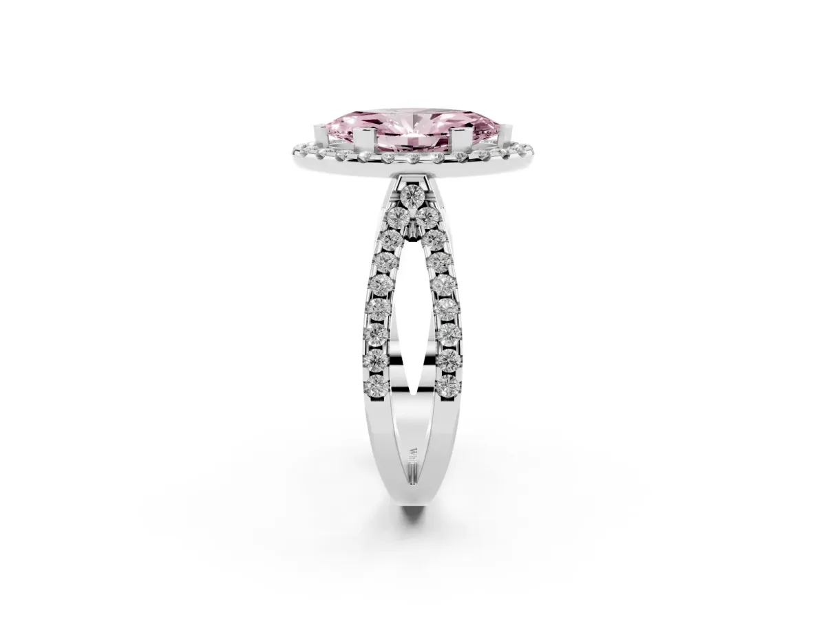 Fancy Pink Marquise Cut Diamond Halo Ring with Split Shank Pavé Band and Prong Setting Silver