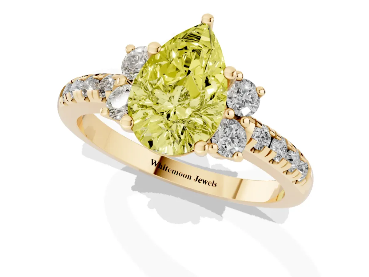 Fancy Yellow Pear Cut Diamond Three-Stone Pave Band with Four-Prong Setting Yellow gold