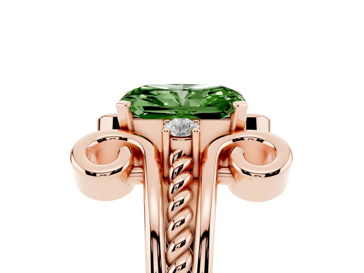 Fancy Green Radiant Cut Solitaire Twisted Band Scroll Prong Ring Rose gold