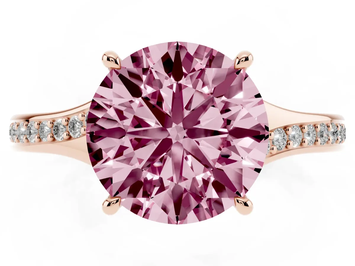 Fancy Pink Round Cut Diamond Solitaire Ring with Pavé Band and Prong Setting Rose gold