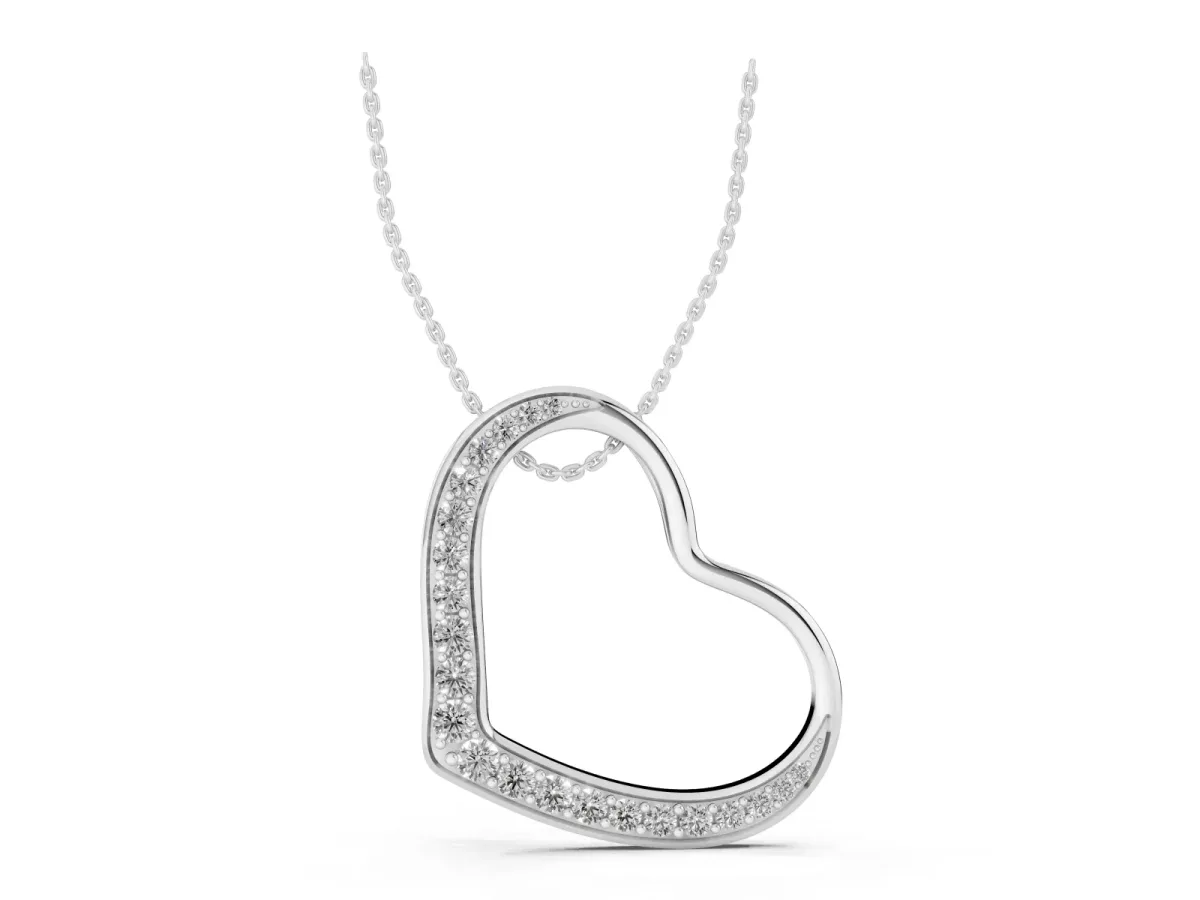 Pavé Round Diamond Open Heart Pendant Silver