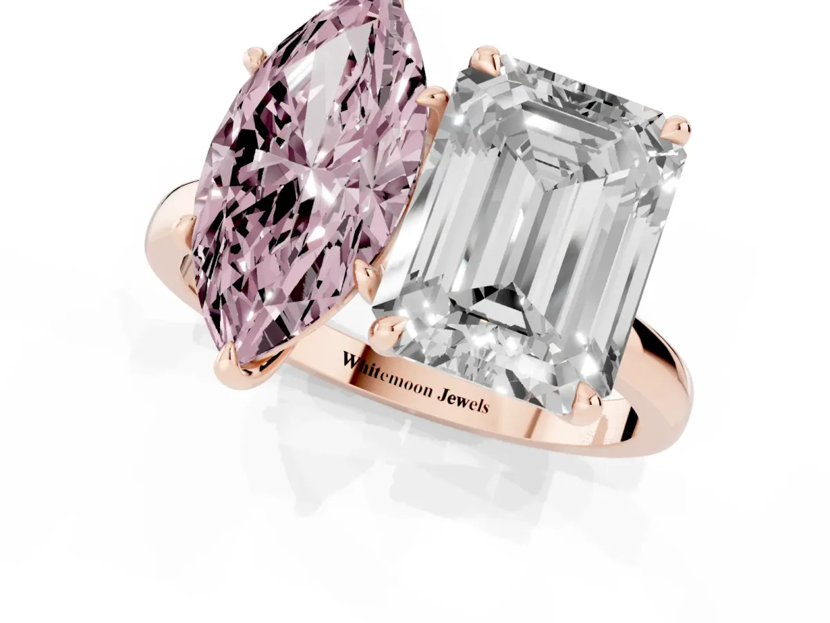 Fancy Pink Marquise Cut and Emerald Cut Toi Moi Ring with Prong Setting Rose gold