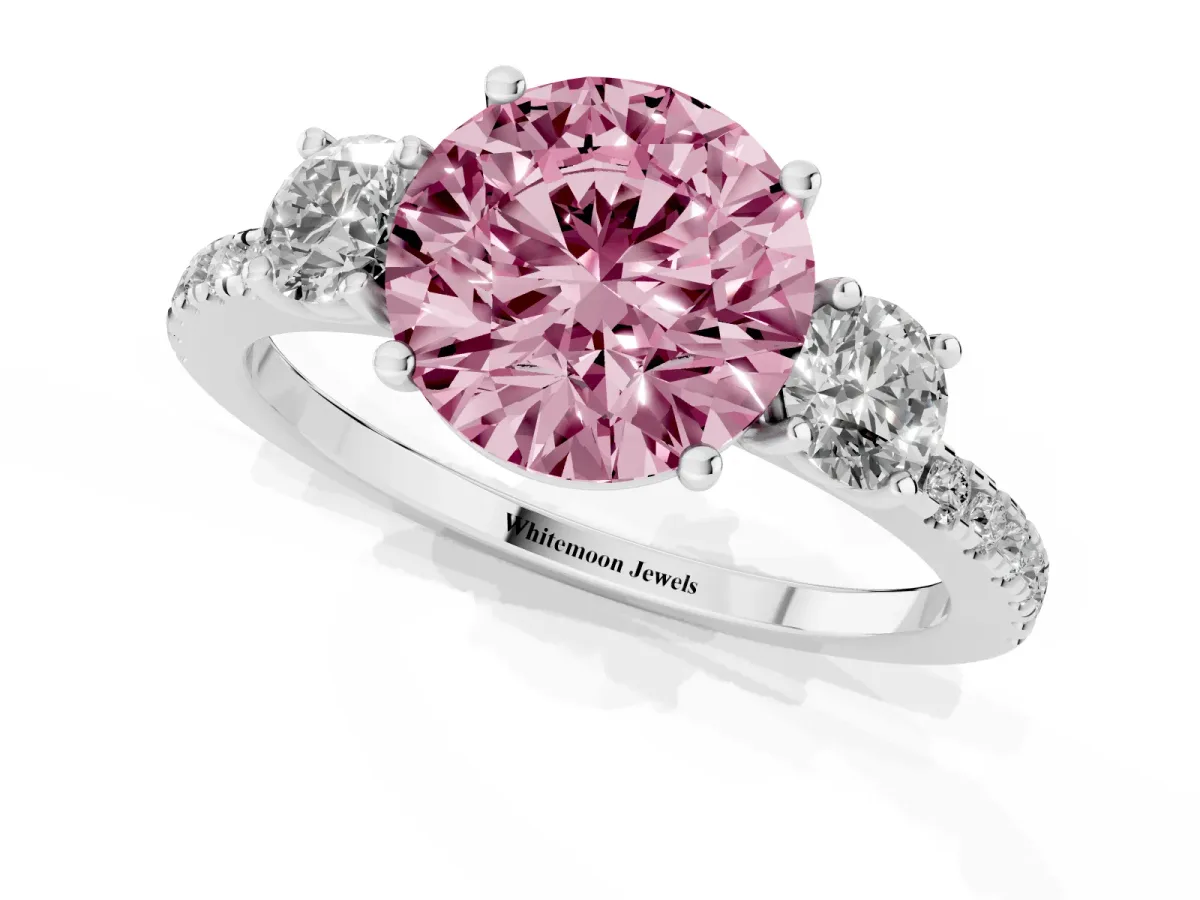 Fancy Pink Three-Stone Round Cut Cut Diamond Pavé Band with Prong Setting Silver