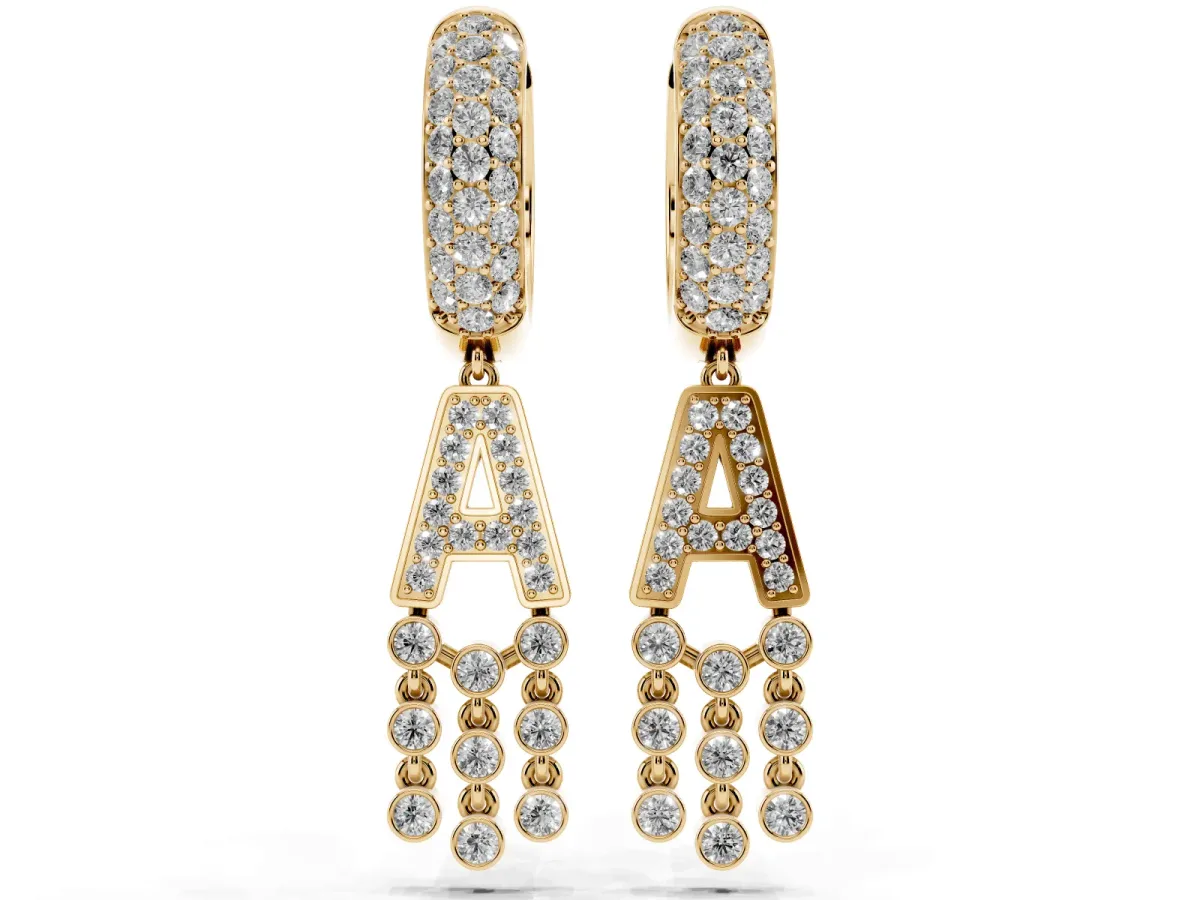 Round Diamond Initial A Huggie Hoop Earrings Yellow gold