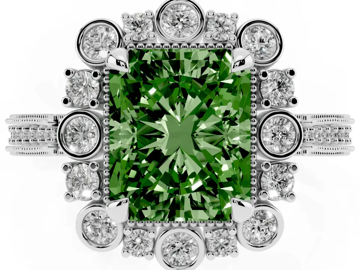 Fancy Green Radiant Cut Halo Milgrain Pave Diamond Ring with Four-Prong Setting Silver