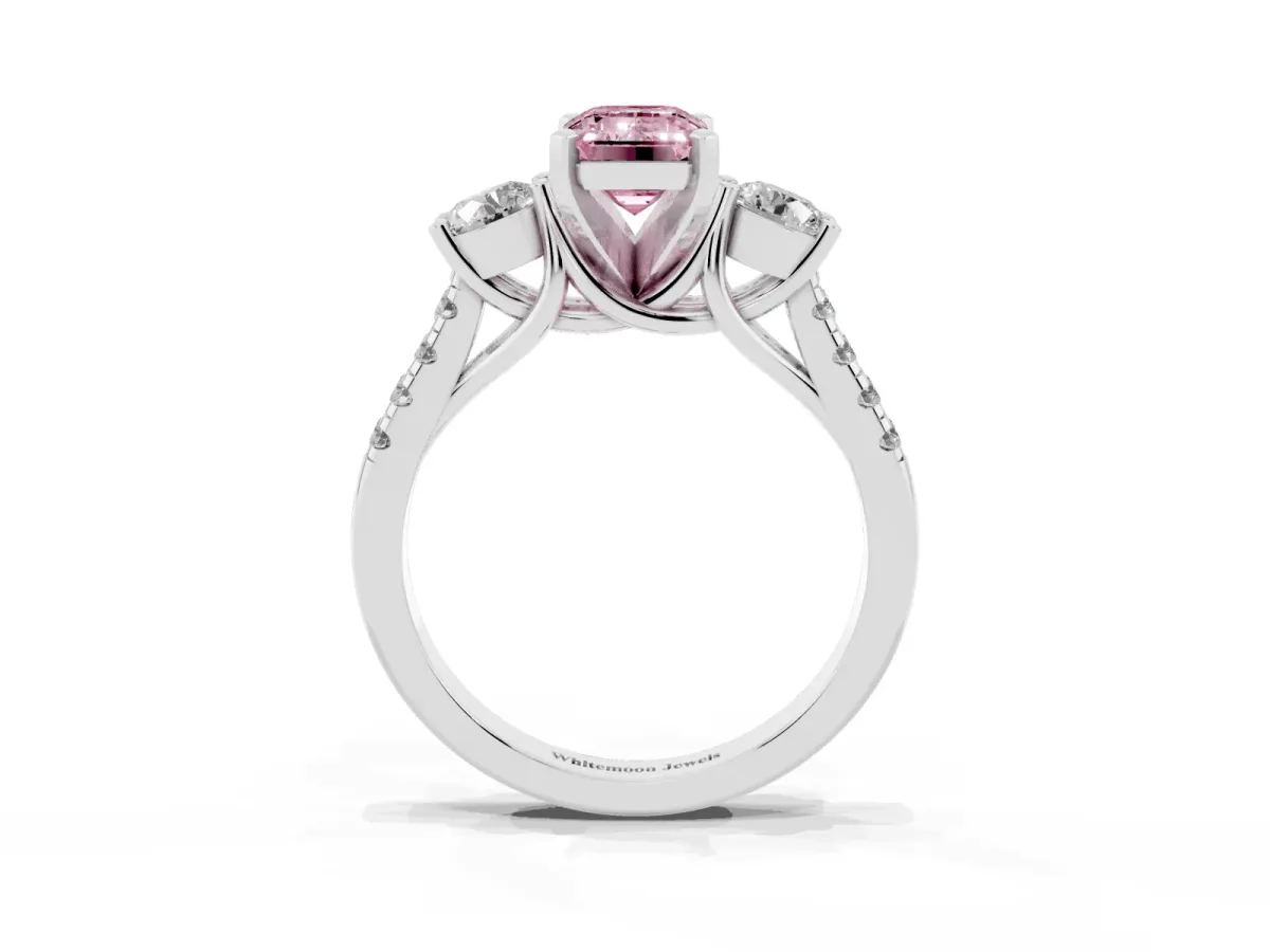Fancy Pink Three-Stone Emerald Cut Diamond Pavé Band with Four-Prong Setting Platinum