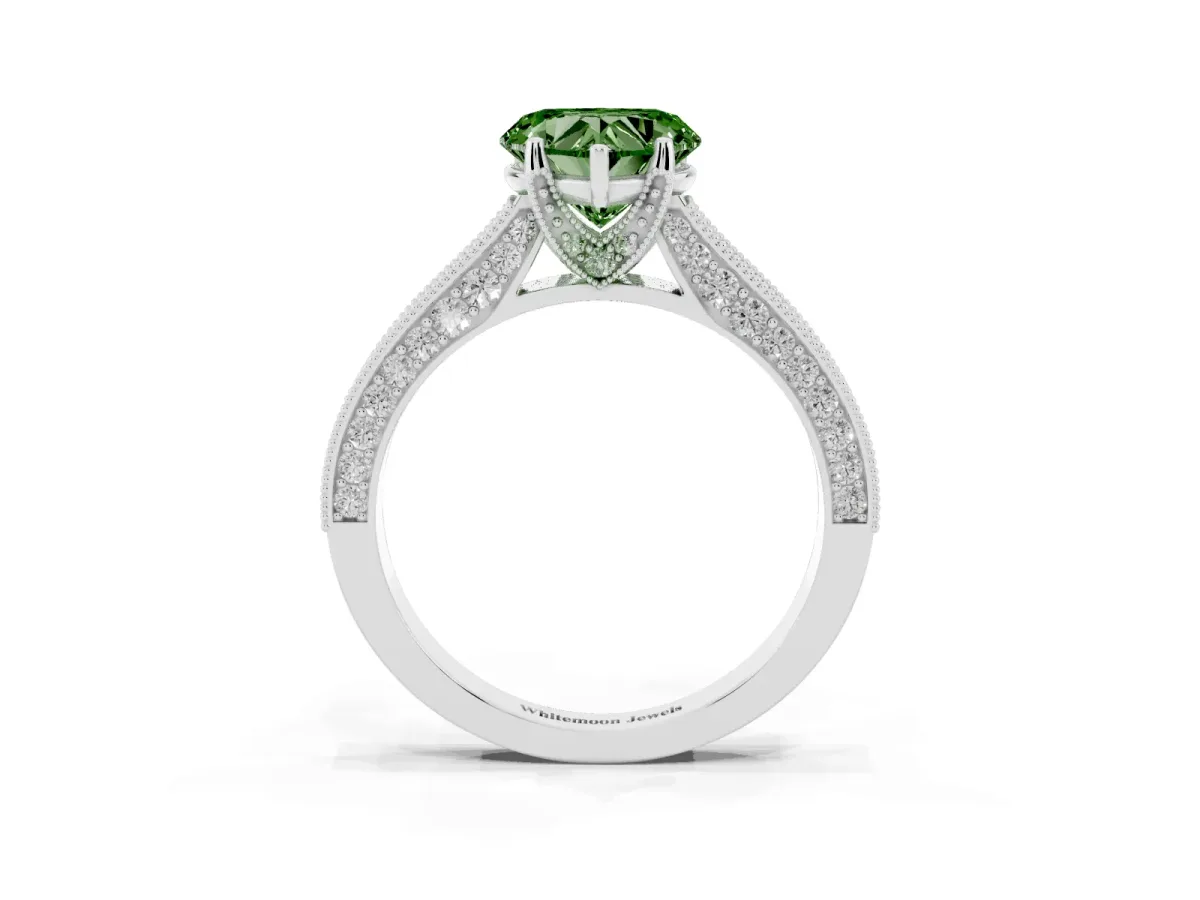 Fancy Green Heart Cut Cut Diamond Solitaire Ring with Milgrain Pave Band and Four Prong Setting Platinum