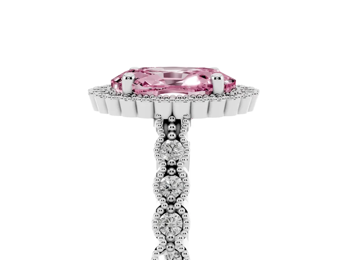 Fancy Pink Oval Cut Cut Halo Pavé Solitaire Ring with Milgrain Band White gold