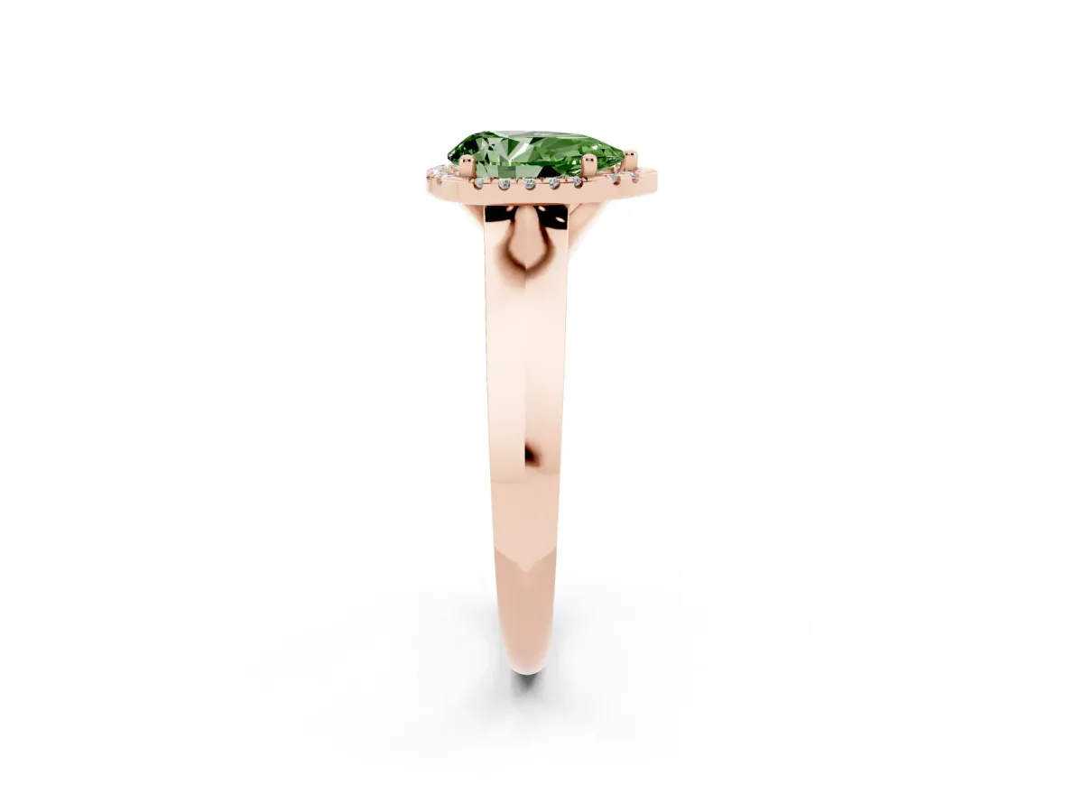Fancy Green Pear Cut Halo Diamond Ring with Cathedral Band and Four-Prong Setting Rose gold