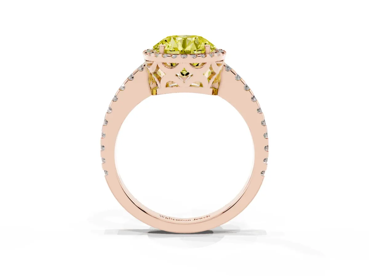 Fancy Yellow Round Cut Diamond Halo Engagement Ring with Pavé Band and Prong Setting Rose gold