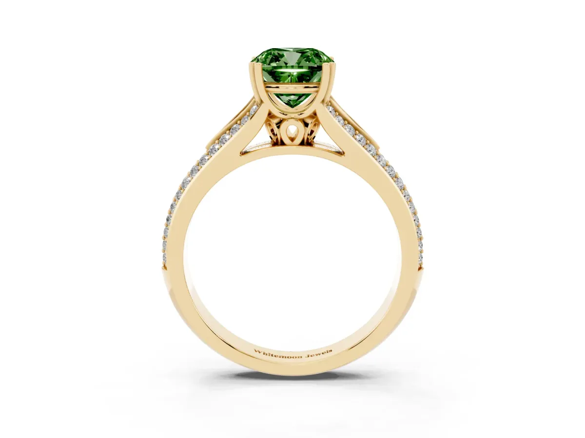 Fancy Green Cushion Cut Diamond Split Shank Engagement Ring with Pavé Band Yellow gold
