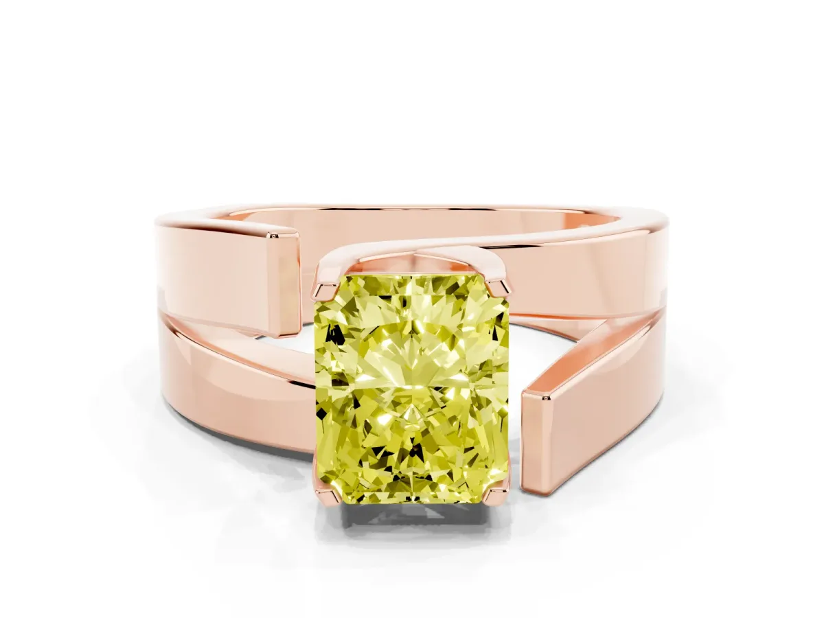Fancy Yellow Modern Tension Set Radiant Cut Diamond Solitaire Wide Band Ring Rose gold