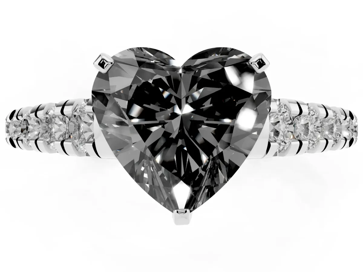 Fancy Black Heart Cut Diamond Cathedral Solitaire Ring with Round Pavé Band Silver