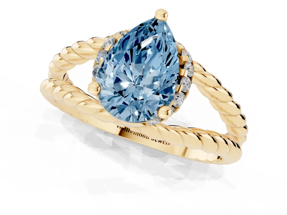 Fancy Blue Pear Cut Halo Twisted Band Four-Prong Ring Yellow gold