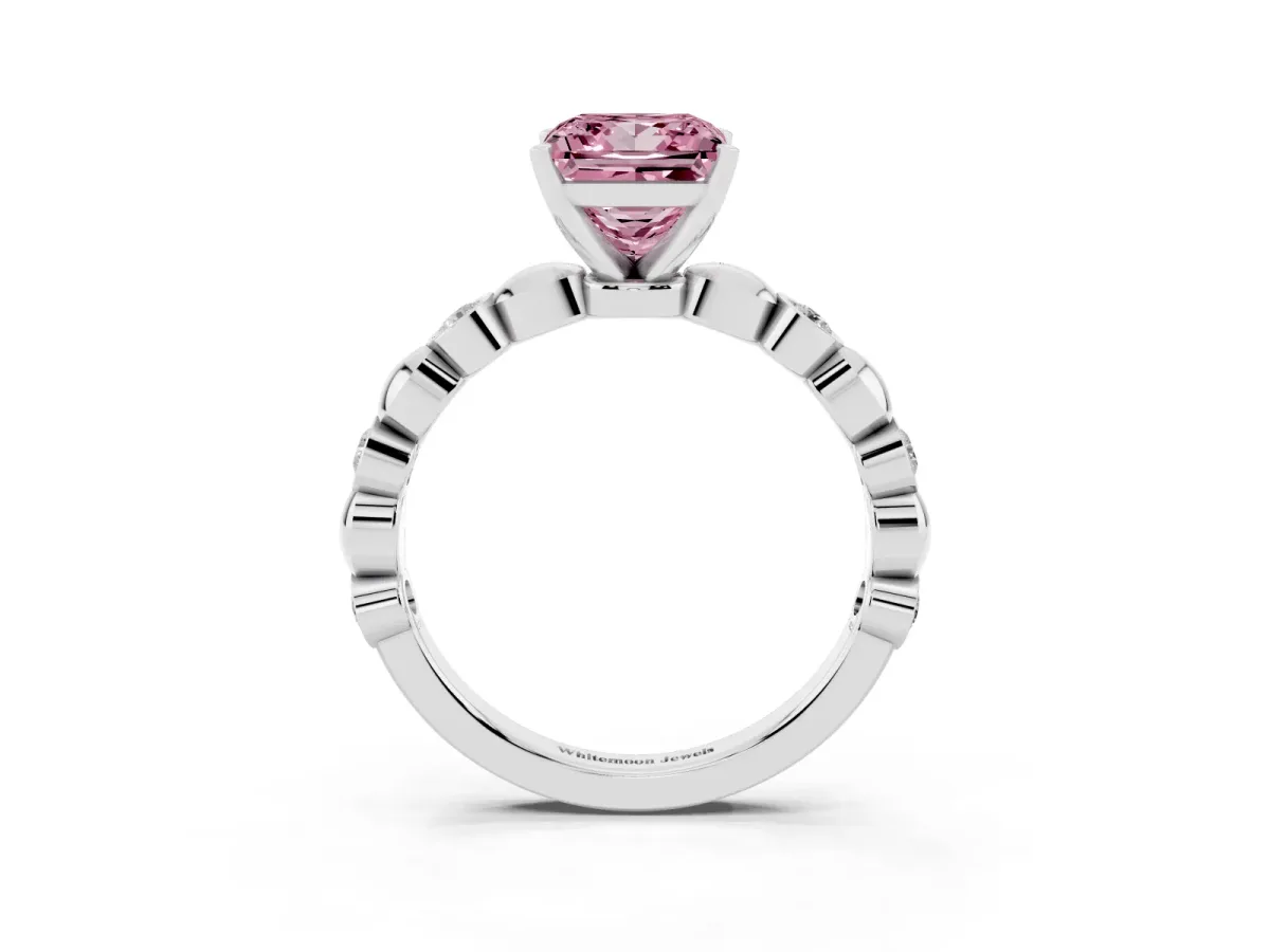 Fancy Pink Princess Cut Solitaire Bezel-Set Diamond Ring with Beaded Band and Four-Prong Setting White gold