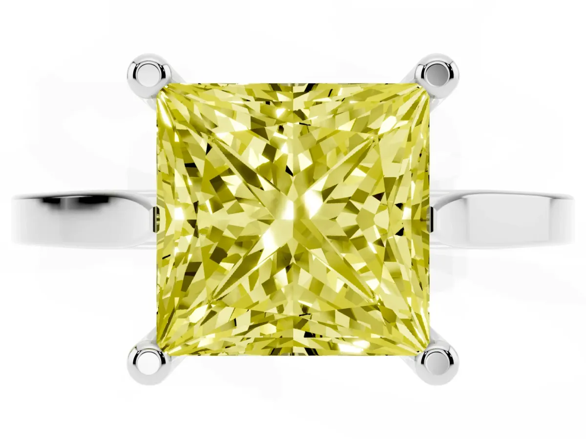 Fancy Yellow Princess Cut Solitaire Diamond Ring with Four-Prong Setting and Tapered Band White gold