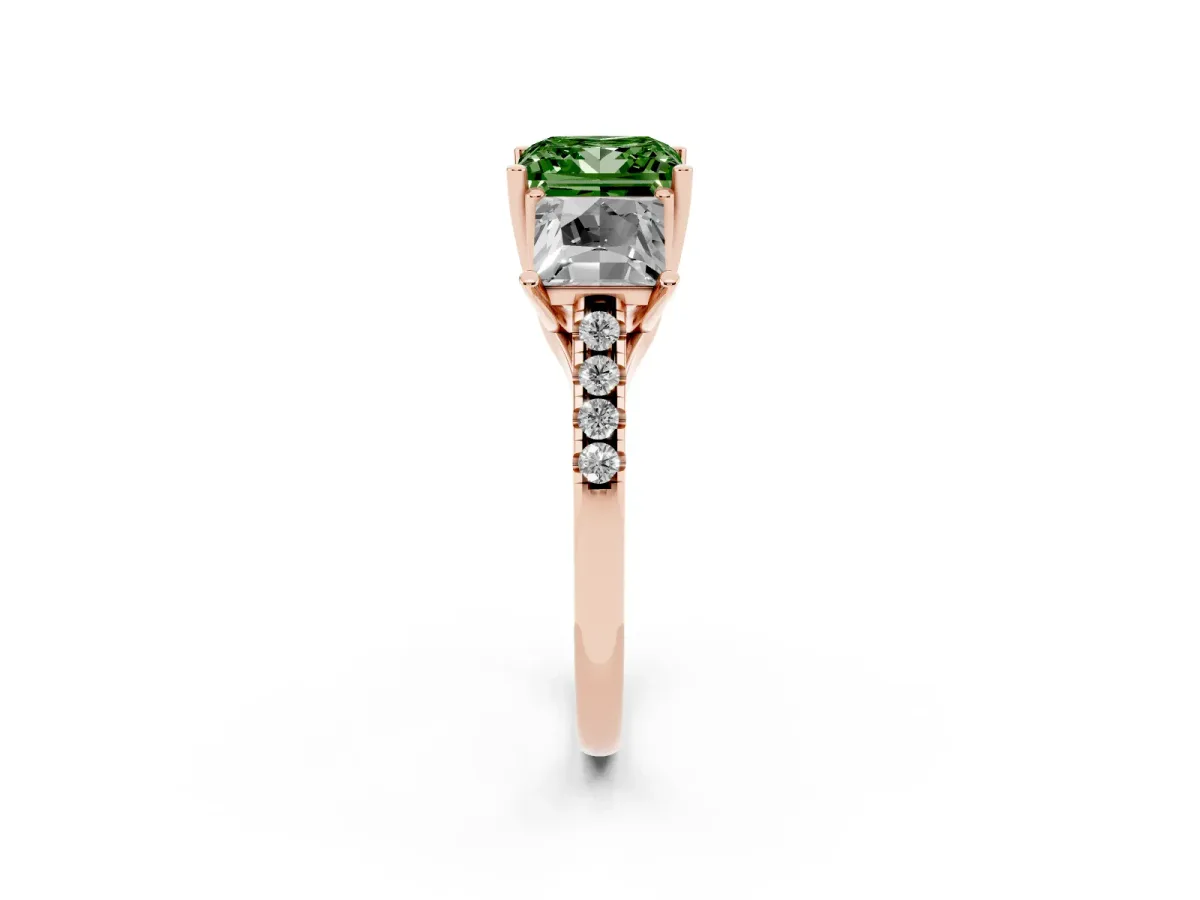Fancy Green Three-Stone Princess Cut Diamond Ring with Round Pavé Band and Prong Setting Rose gold