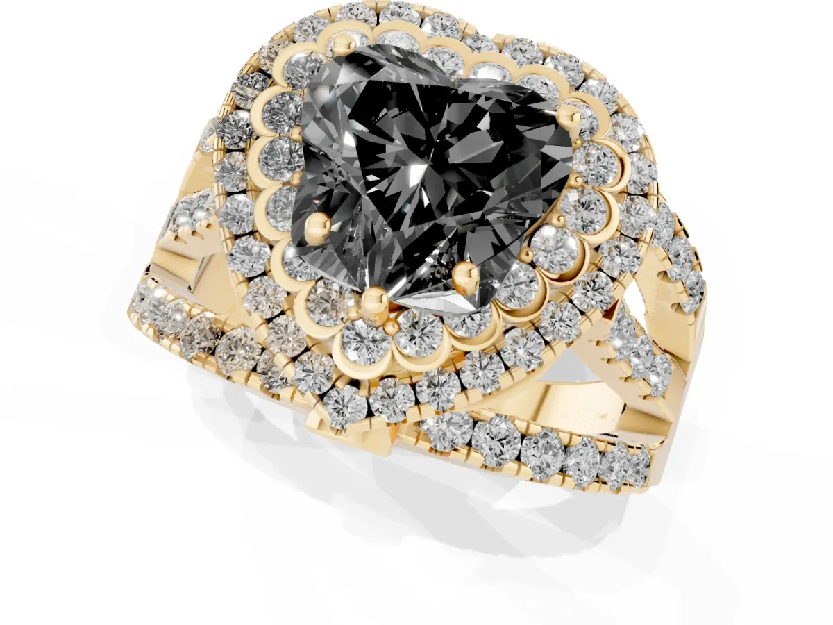 Fancy Black Heart Cut Diamond Double Halo Ring with Round Pavé Split Shank and Prong Setting Yellow gold