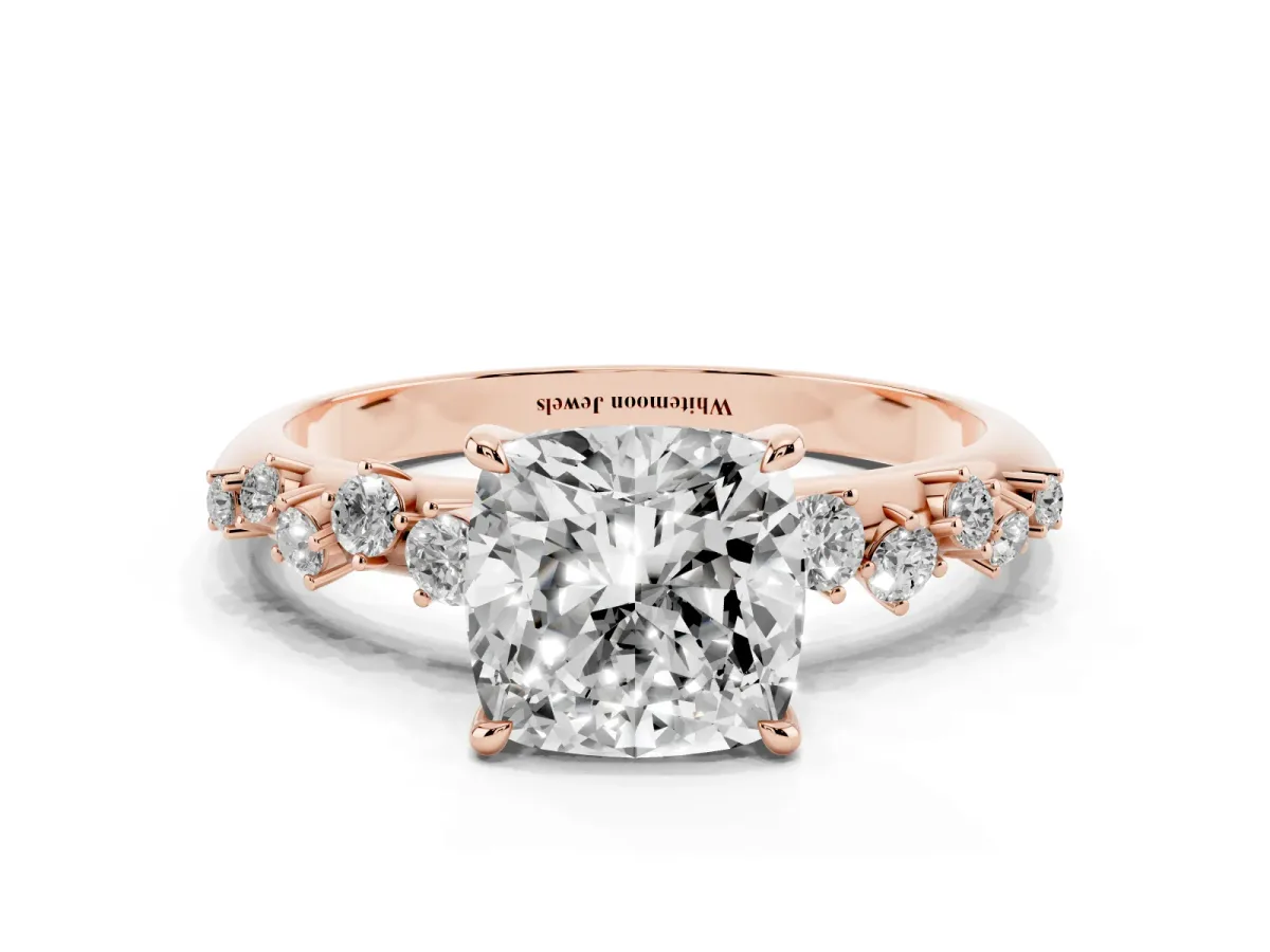 Cushion Cut Diamond Cluster Side Stone Solitaire Ring with Prong Setting Rose gold