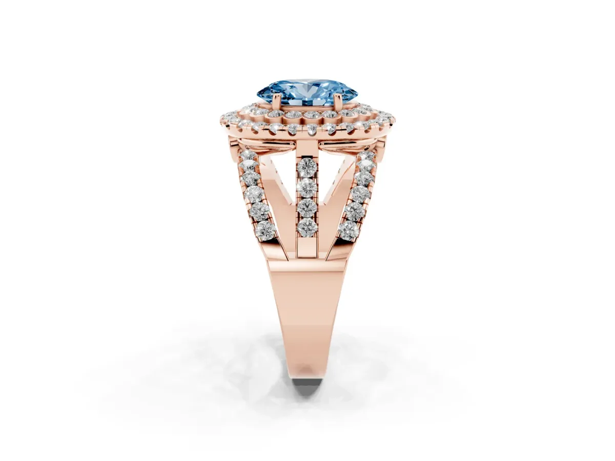 Fancy Blue Oval Cut Diamond Double Halo Ring with Round Pavé Split Shank and Prong Setting Rose gold