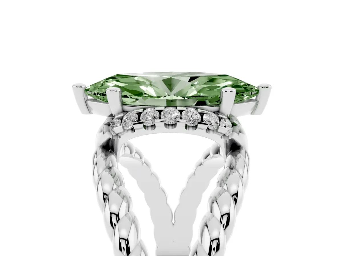 Fancy Green Marquise Cut Halo Twisted Band Four-Prong Ring Silver