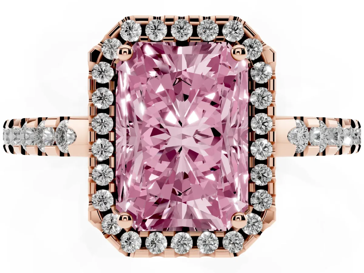 Fancy Pink Radiant Cut Diamond Halo Engagement Ring with Pavé Band and Prong Setting Rose gold