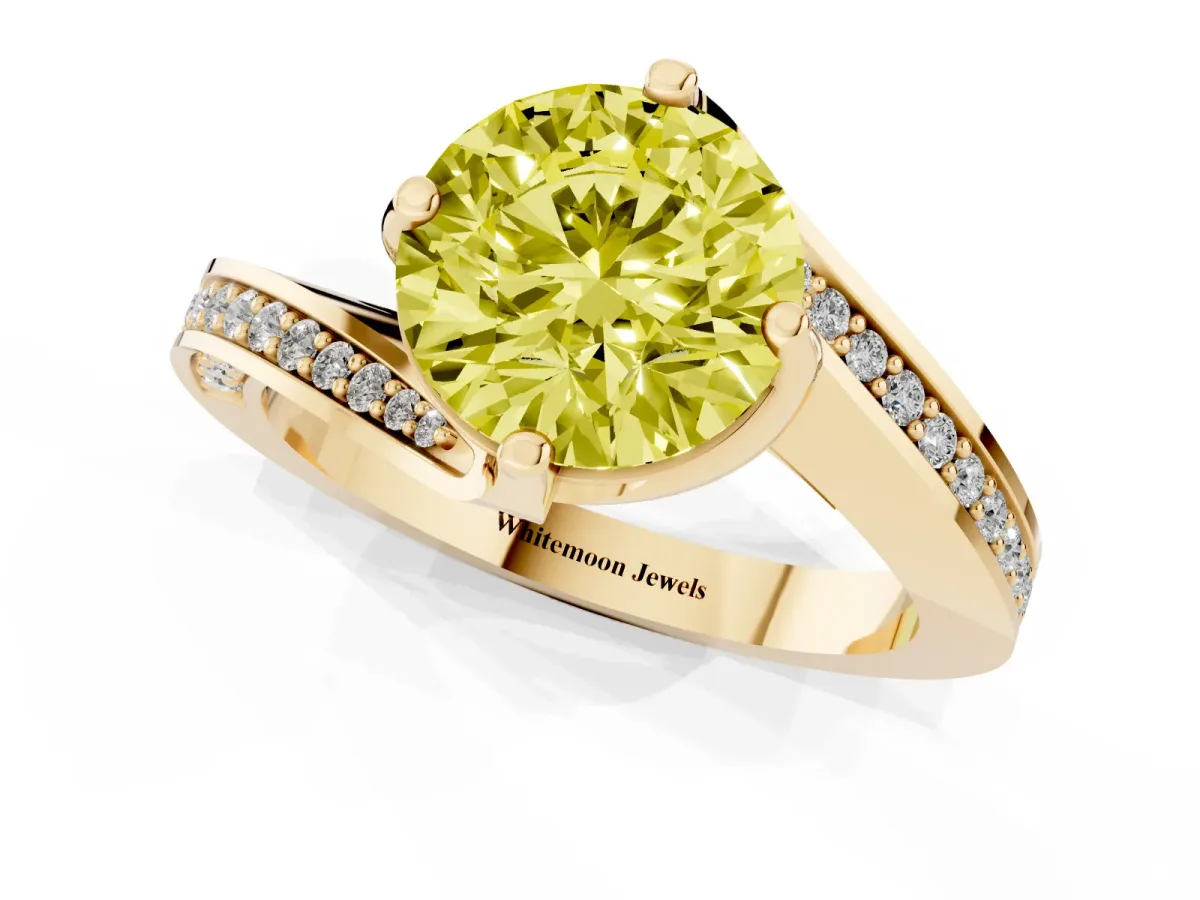 Fancy Yellow Round Cut Solitaire Diamond Twist Band with Pavé Setting and Four-Prong Setting Yellow gold