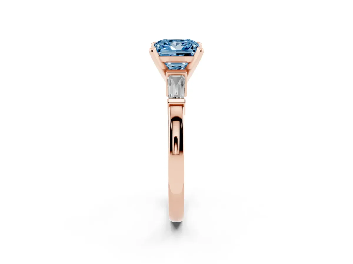 Fancy Blue Princess Cut Cut Diamond Solitaire Ring with Tapered Baguette Accents and Four-Prong Setting Rose gold