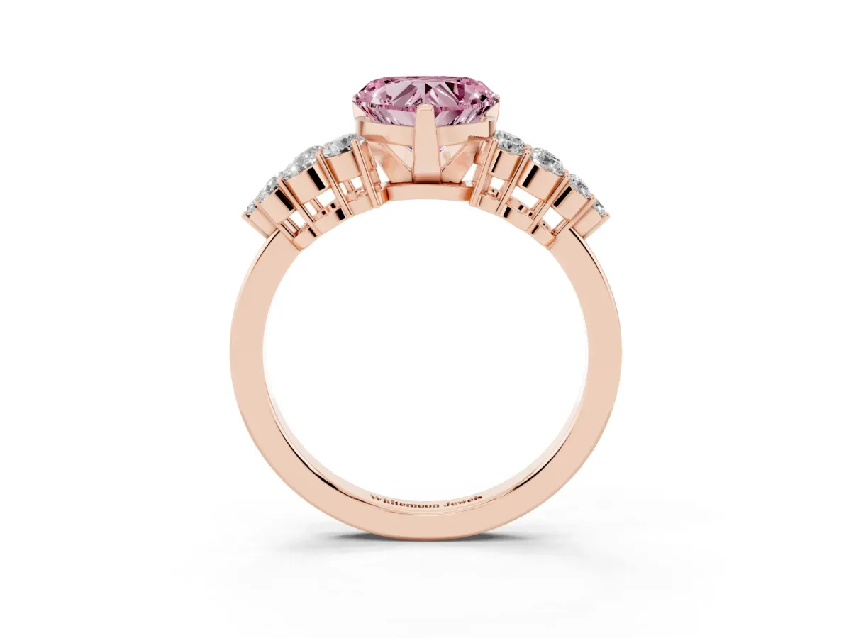 Fancy Pink Heart Cut Cluster Diamond Engagement Ring with Pavé Band and Four-Prong Setting Rose gold