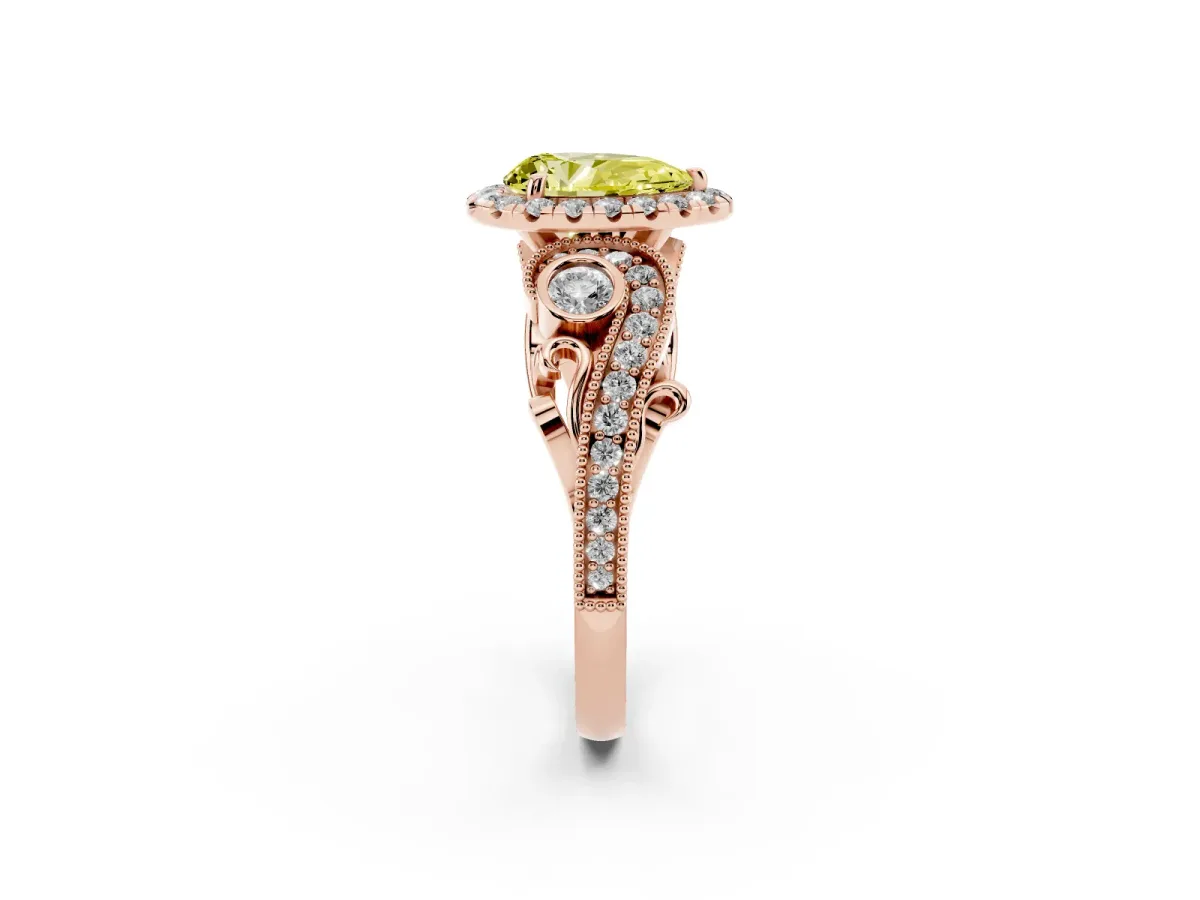 Fancy Yellow Pear Cut Diamond Halo Ring with Milgrain Pavé Band and Four-Prong Setting Rose gold
