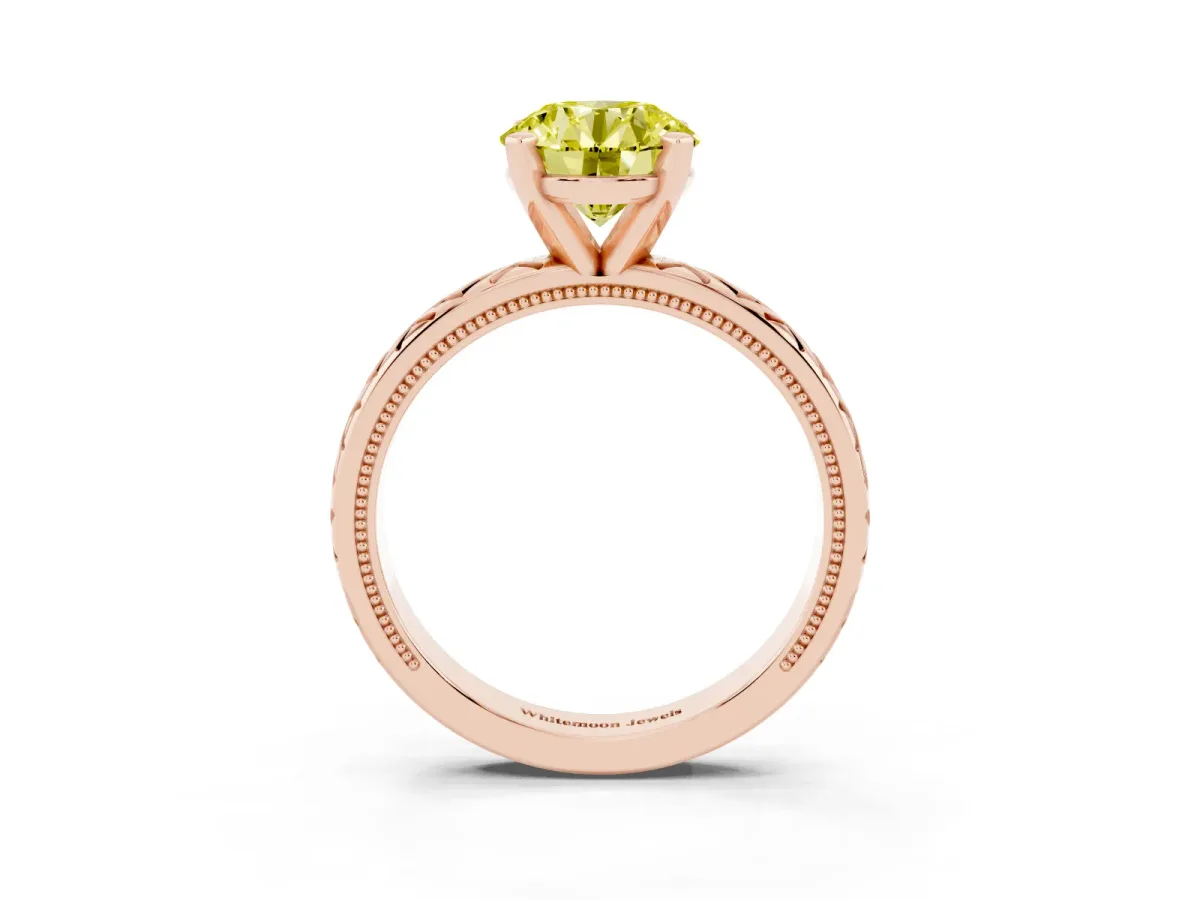 Fancy Yellow Round Cut Solitaire Diamond Ring with Milgrain and Black Enamel X Pattern Band Rose gold