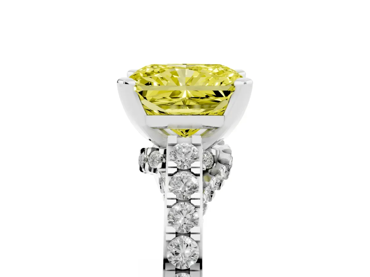 Fancy Yellow Radiant Cut Diamond Solitaire Ring with Crossover Gallery and Round Pavé Band White gold