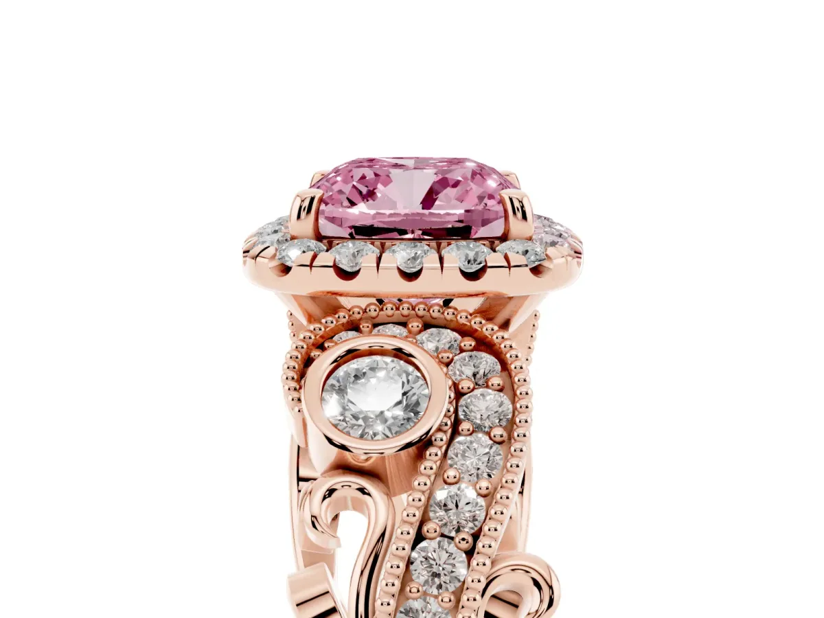 Fancy Pink Cushion Cut Diamond Halo Ring with Milgrain Pavé Band and Four-Prong Setting Rose gold