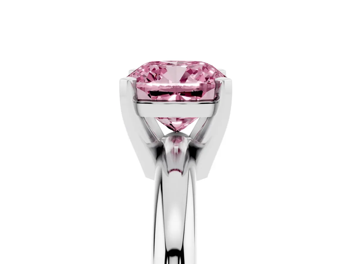 Fancy Pink Cushion Cut Diamond Solitaire Engagement Ring with Round Band and Four-Prong Setting White gold