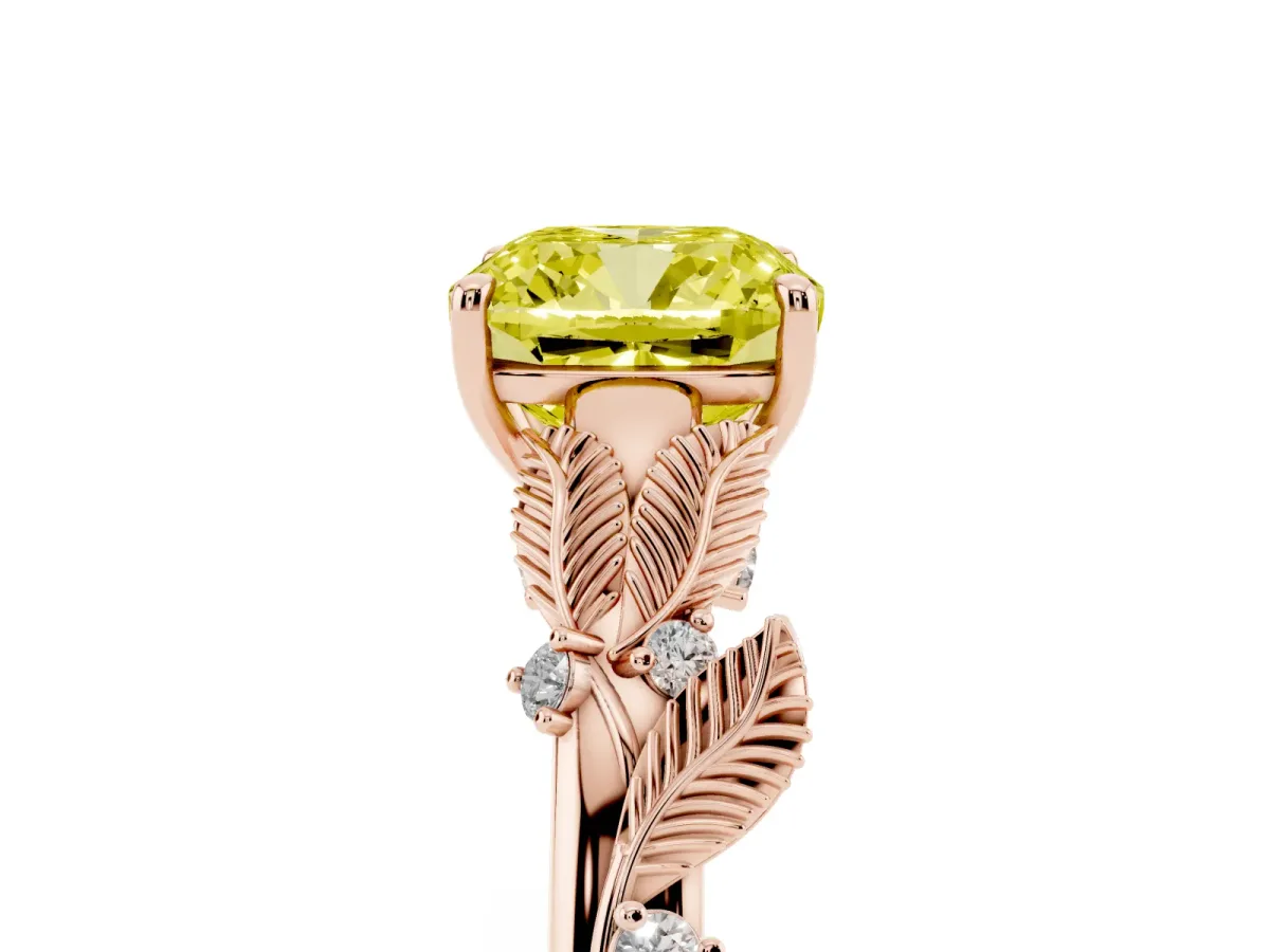 Fancy Yellow Cushion Cut Diamond Solitaire Ring with Leaf Motif Band and Four-Prong Setting Rose gold