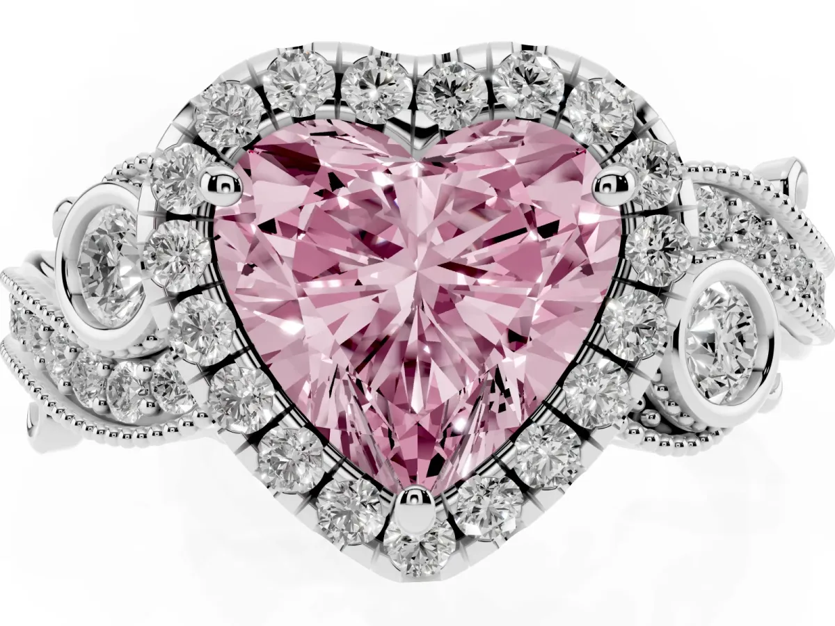 Fancy Pink Heart Cut Halo Diamond Ring with Milgrain and Bezel Accents on a Split Shank Band Platinum