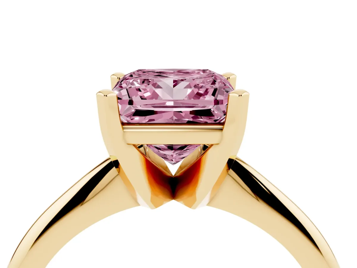 Fancy Pink Princess Cut Cut Solitaire Ring with Four-Prong Setting on a Classic Band Yellow gold