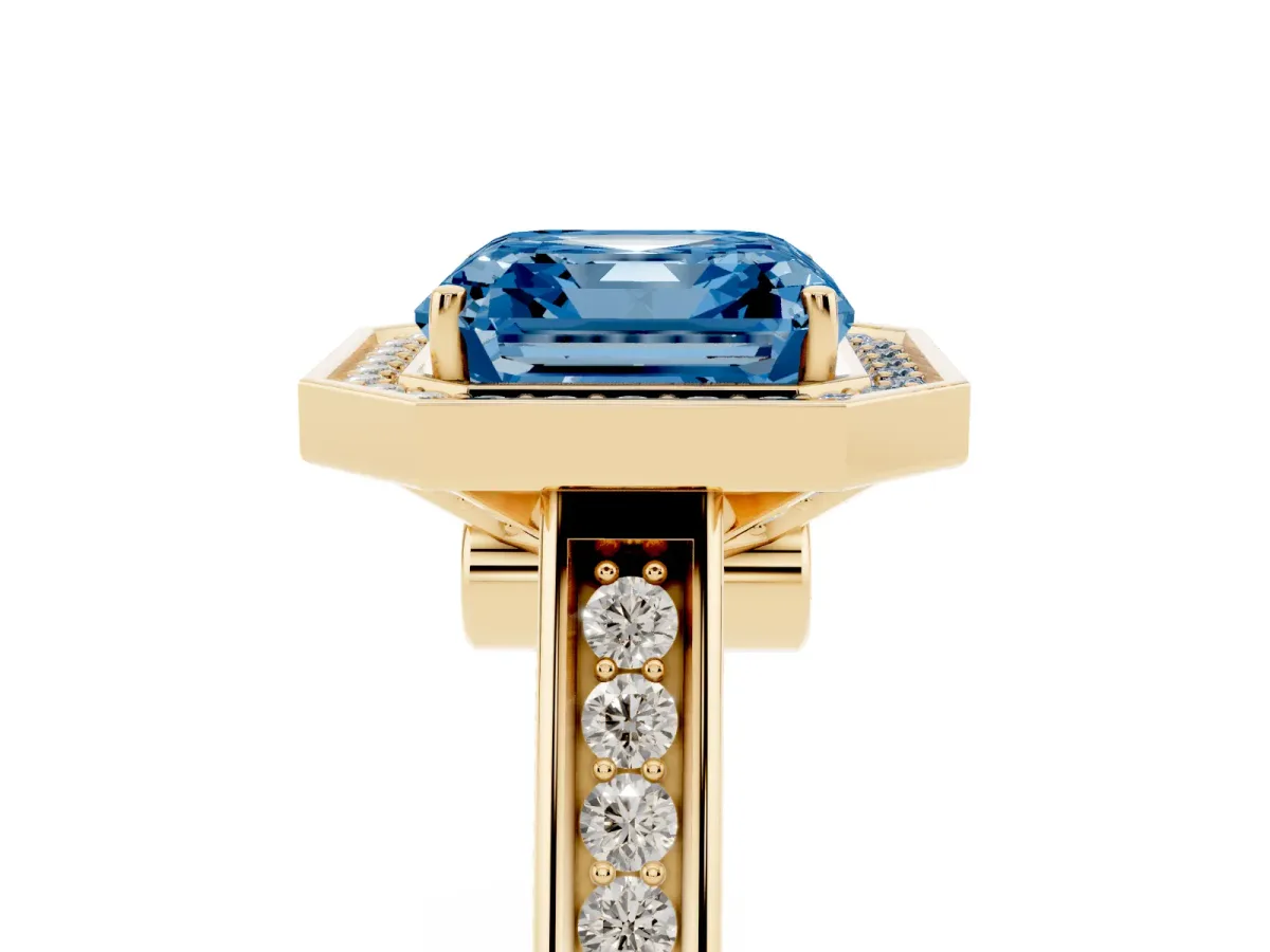 Fancy Blue Asscher Cut Halo Solitaire Diamond Ring with Pave Band and Bezel Setting Yellow gold