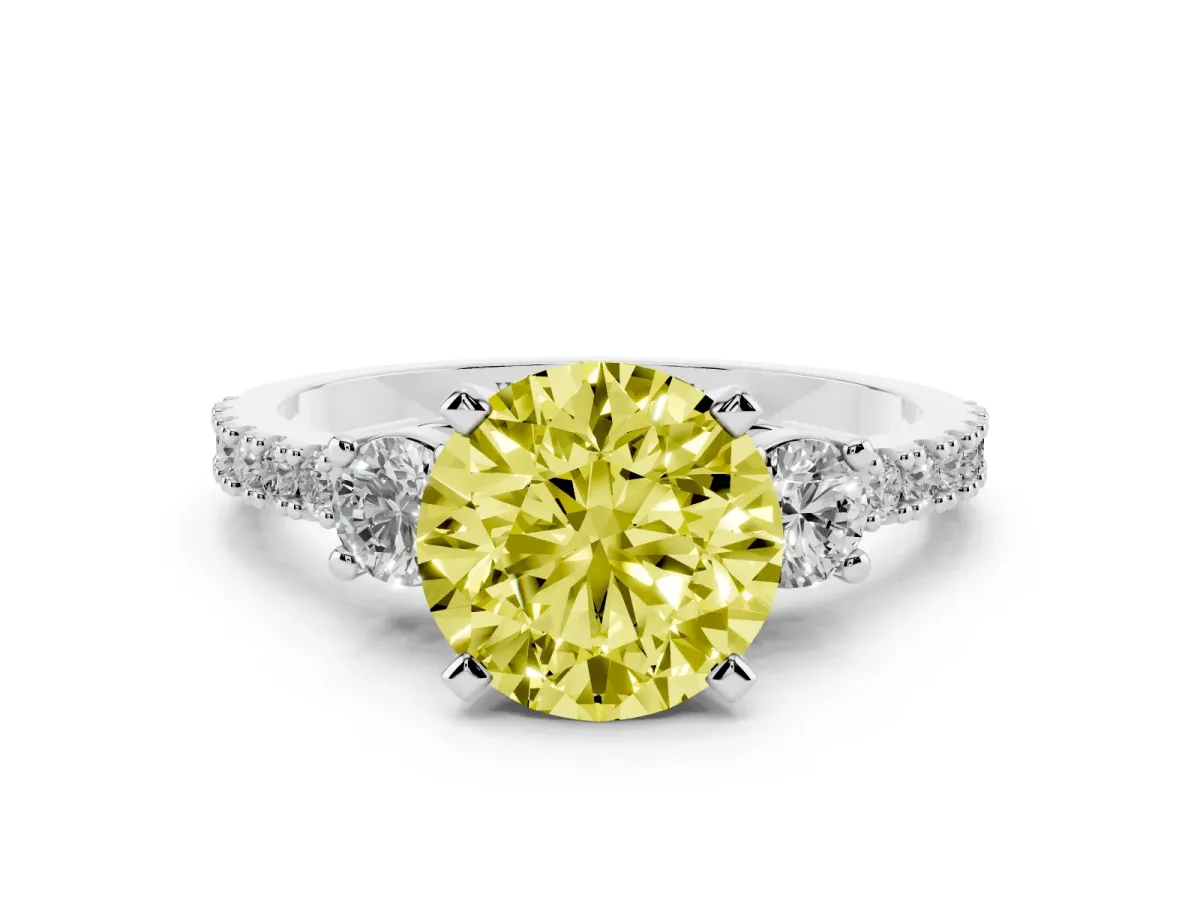 Fancy Yellow Round Cut Three-Stone Diamond Pavé Band with Prong Setting Silver