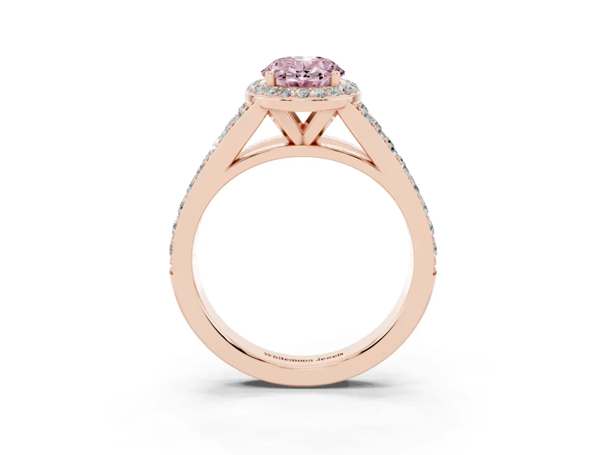 Fancy Pink Oval Cut Diamond Split Shank Halo Ring with Four-Prong Setting Rose gold